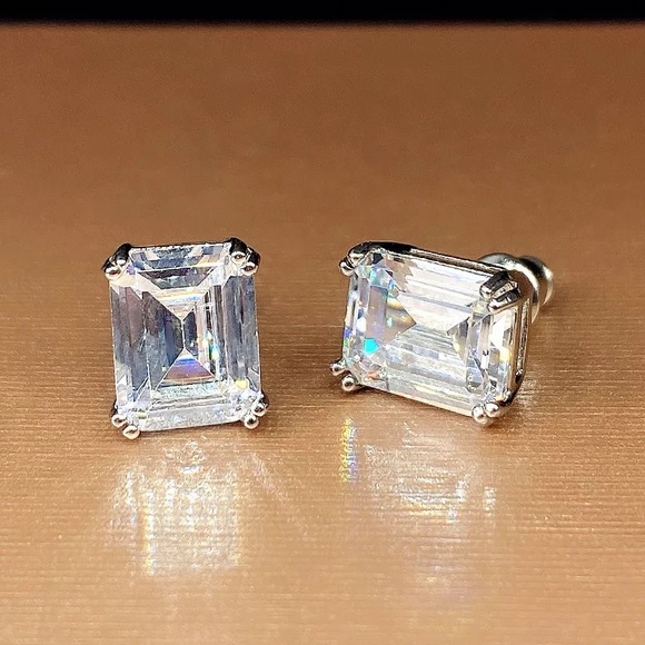 3.79Ct Emerald Cut Square Austrian Crystal VVS1 Simulated Diamond Studs Earrings - Picture 12 of 16